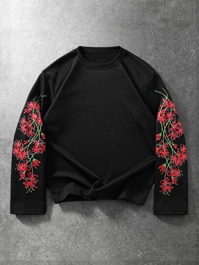 Street Life Camiseta de manga larga holgada con estampado floral casual para hombre