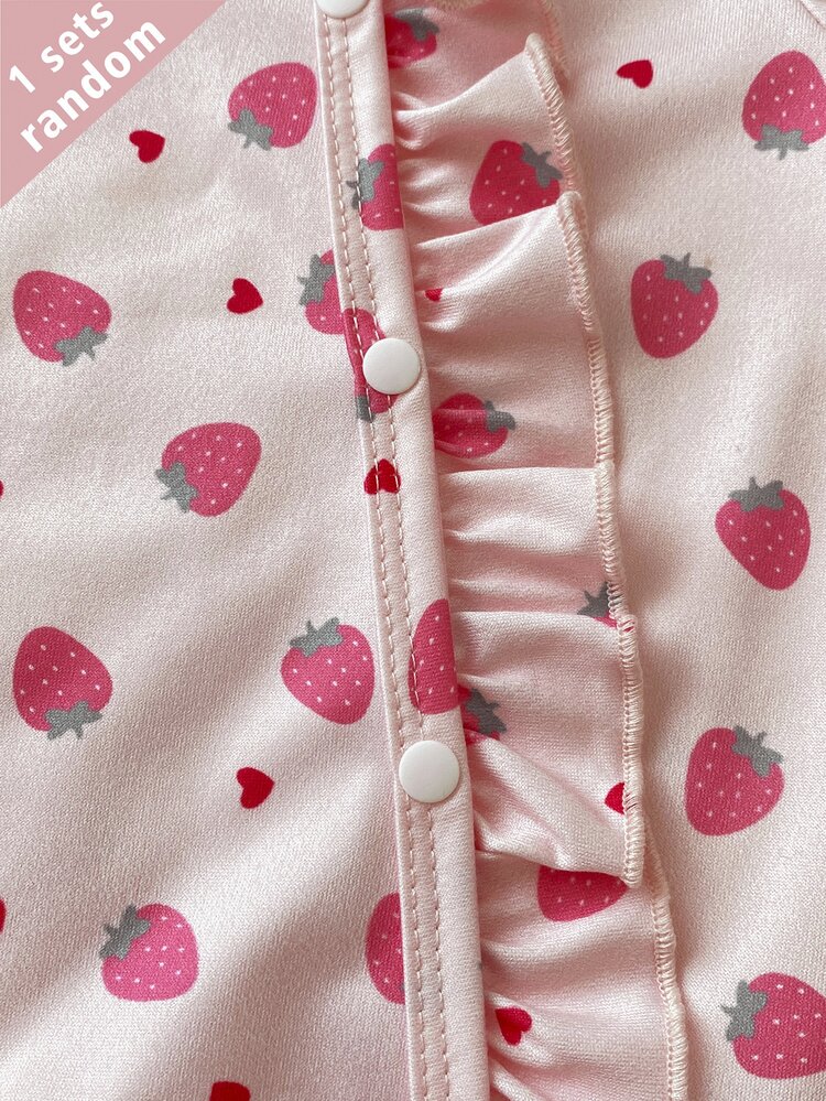 SHEIN Vintaside Kids 3套隨機發送1套，2件裝新生女嬰居家服，可愛草莓愛心櫻花印花女嬰荷葉邊長袖連身連腳褲附髮帶 - 粉色 - 查看 7