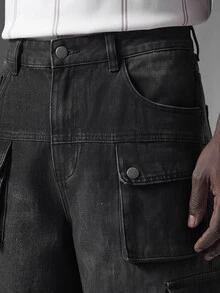 Salvezio Men's Pocketed Button Casual Cargo Capri Wide Leg Jeans, Versatile For Commuting And Outings - Black - View 4