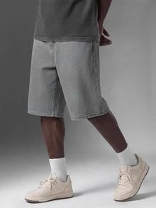 Salvezio Men's Light Blue Washed Denim Loose Casual Shorts Jorts - Light Grey - View 6