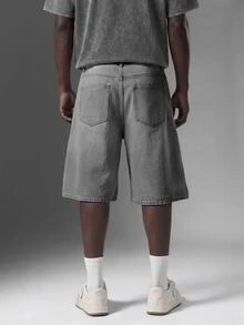 Salvezio Men's Light Blue Washed Denim Loose Casual Shorts Jorts - Light Grey - View 3