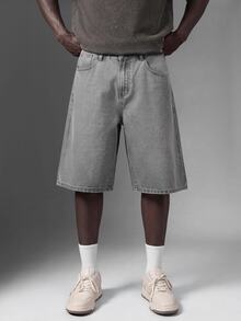 Salvezio Men's Light Blue Washed Denim Loose Casual Shorts Jorts - Light Grey - View 1