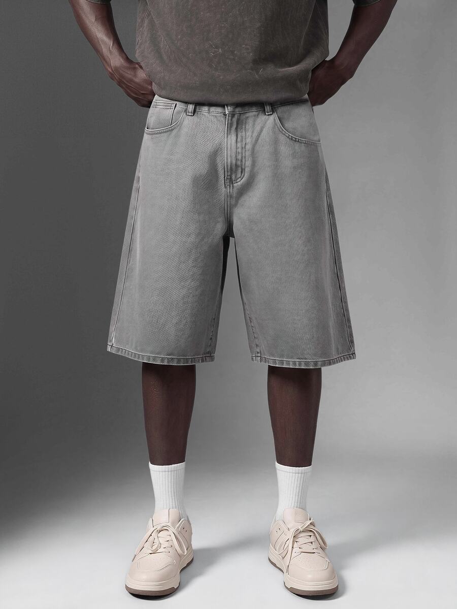 Salvezio Men's Light Blue Washed Denim Loose Casual Shorts Jorts - Light Grey - View 1