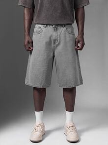 Salvezio Men's Light Blue Washed Denim Loose Casual Shorts Jorts - Light Grey - View 4