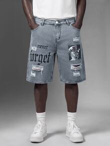 Salvezio Men's Letter Printed Distressed Denim Shorts Jorts With Pockets, Emo Style - Grey - View 4