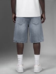 Salvezio Men's Letter Printed Distressed Denim Shorts Jorts With Pockets, Emo Style - Grey - View 2