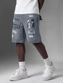 Salvezio Men's Letter Printed Distressed Denim Shorts Jorts With Pockets, Emo Style - Grey - View 5