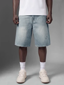 Salvezio Men's Faded Light Blue Washed Loose Fit Vintage Casual Denim Shorts Jorts Going Out Hang Out Commute College Street - Light Wash - View 3