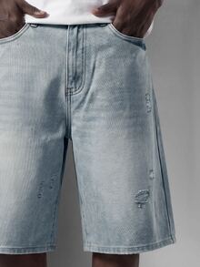 Salvezio Men's Faded Light Blue Washed Loose Fit Vintage Casual Denim Shorts Jorts Going Out Hang Out Commute College Street - Light Wash - View 7
