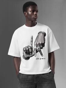 Salvezio Los Angeles LA Letter Hand Gesture Logo Print Casual Oversized Men White T-Shirt - White - View 1