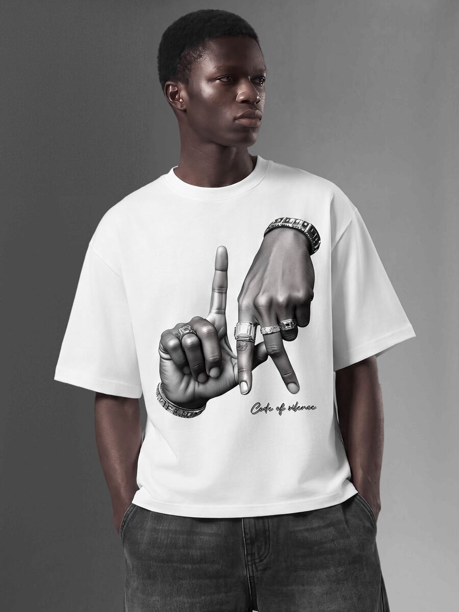 Salvezio Los Angeles LA Letter Hand Gesture Logo Print Casual Oversized Men White T-Shirt - White - View 1