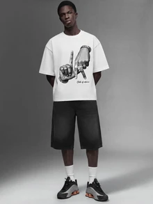 Salvezio Los Angeles LA Letter Hand Gesture Logo Print Casual Oversized Men White T-Shirt - White - View 2