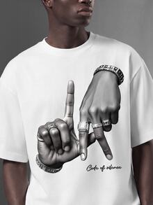 Salvezio Los Angeles LA Letter Hand Gesture Logo Print Casual Oversized Men White T-Shirt - White - View 3