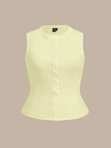 SHEIN BASICS 黃色針織修身大尺碼背心上衣，休閒基礎款，傳統優雅女款，適合夏季辦公室、早午餐、正式場合、生日派對 - 黃色 - 查看 6