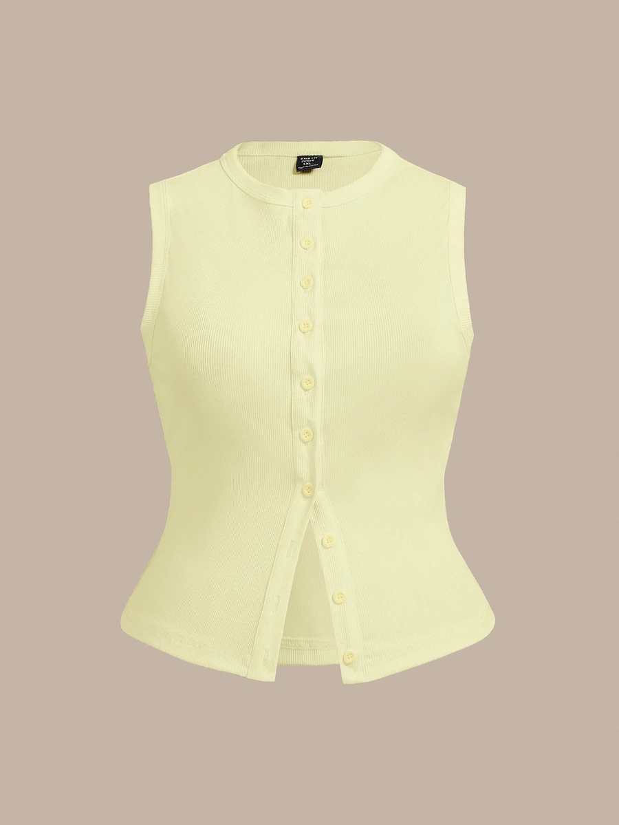 SHEIN BASICS 黃色針織修身大尺碼背心上衣，休閒基礎款，傳統優雅女款，適合夏季辦公室、早午餐、正式場合、生日派對