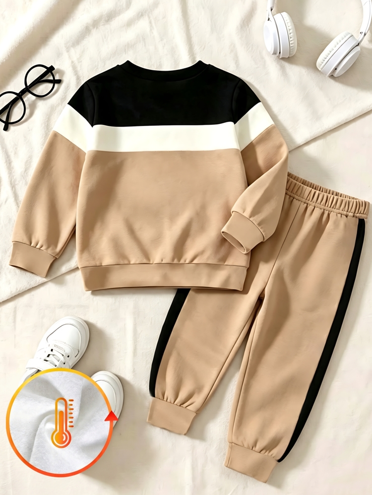 SHEIN Baby Boy Crown Letter Print Colorblock Sweatshirt Sets Autumn School Black White Camel 2-Piece Outfits Casual Loose Tops Pants - Multicolor - View 2
