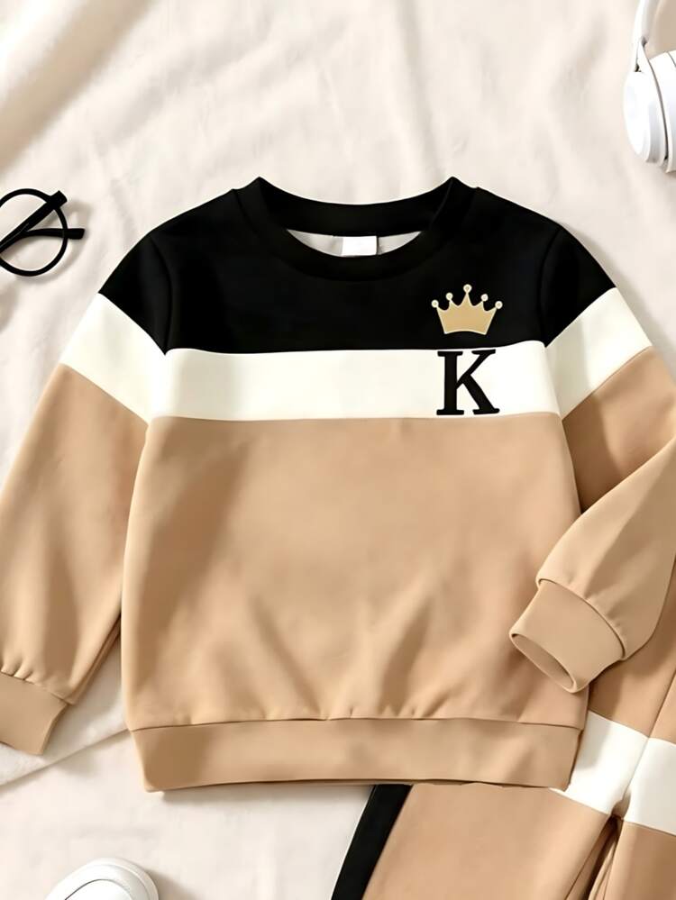 SHEIN Baby Boy Crown Letter Print Colorblock Sweatshirt Sets Autumn School Black White Camel 2-Piece Outfits Casual Loose Tops Pants - Multicolor - View 7