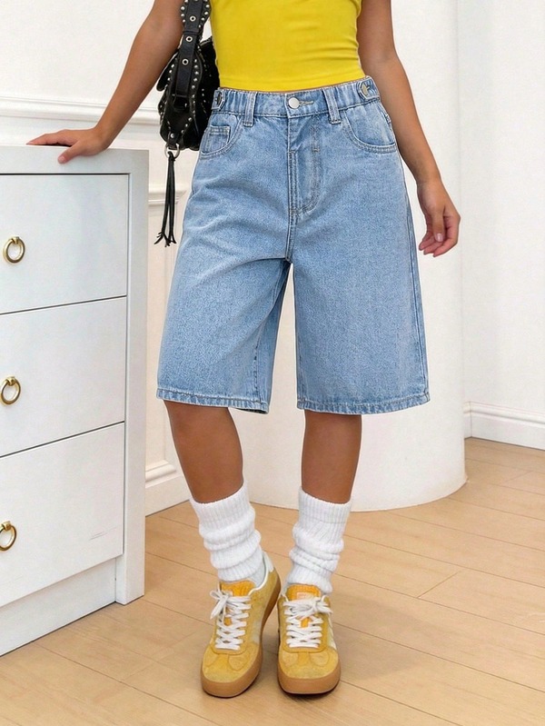 SHEIN Tween Girls' Loose Fit Relaxed Leg Denim Jeans,Light Blue,Summer,Casual Cute,Streetwear,School,Back-To-School Comfortable Cotton Denim Pants Holiday
