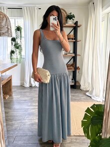 Modelyn 女款長版針織條紋拼接無袖浪漫度假風法式魅力洋裝 - 彩色 - 查看 6
