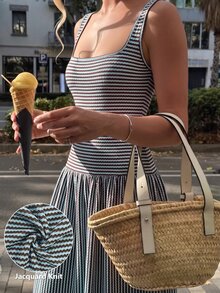 Modelyn 女款長版針織條紋拼接無袖浪漫度假風法式魅力洋裝 - 彩色 - 查看 7