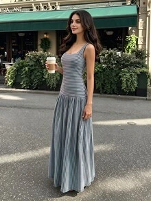 Modelyn 女款長版針織條紋拼接無袖浪漫度假風法式魅力洋裝 - 彩色 - 查看 4