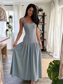 Modelyn 女款長版針織條紋拼接無袖浪漫度假風法式魅力洋裝 - 彩色 - 查看 5