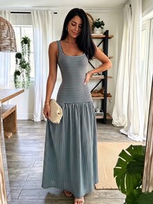 Modelyn 女款長版針織條紋拼接無袖浪漫度假風法式魅力洋裝 - 彩色 - 查看 8