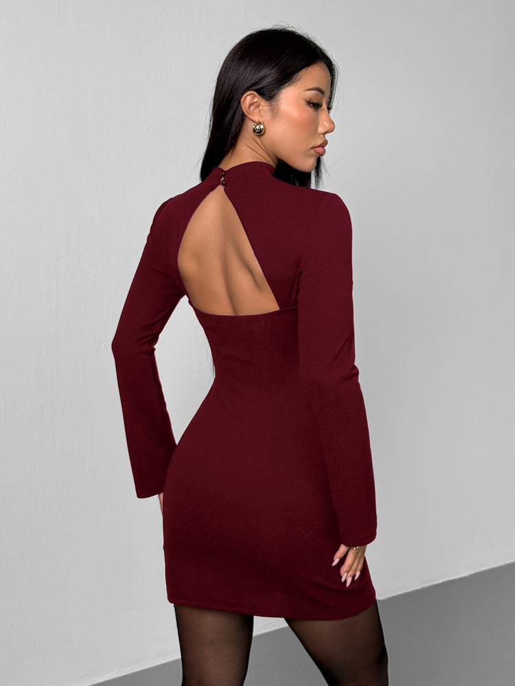 SHEIN PETITE 復古硬幣圖案立領修身顯瘦喇叭袖優雅女裝洋裝，情人節、農曆新年酒紅色冬季約會外出派對，適合嬌小女性 - 酒紅色 - 查看 2