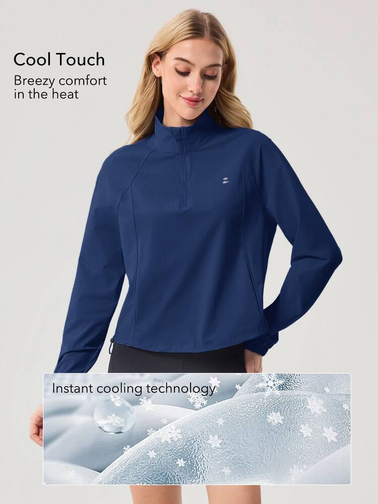 OutZeal Women Sports Tee Workout Gym UV Protection Cool Touch Front Half Zip With Pockets Long Sleeve T-Shirt Summer Spring - Dusty Blue - View 2