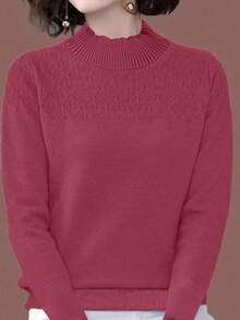 EMERY ROSE Solid Color Stand Collar Casual Pullover Sweater Knit Pullover Fall Winter - Hot Pink - View 7