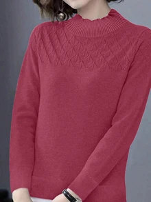 EMERY ROSE Solid Color Stand Collar Casual Pullover Sweater Knit Pullover Fall Winter - Hot Pink - View 6