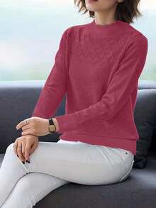 EMERY ROSE Solid Color Stand Collar Casual Pullover Sweater Knit Pullover Fall Winter - Hot Pink - View 3