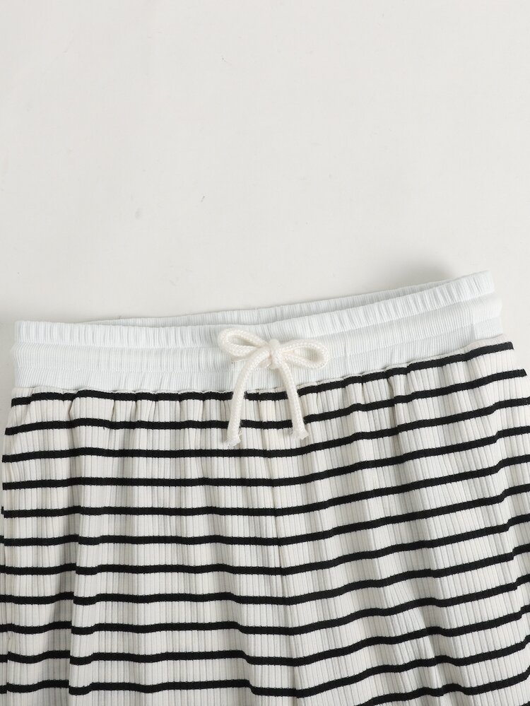 Tween Girls Black & White Striped Crew Neck T-Shirt And Pants 2 Pieces Set - Black and White - View 6