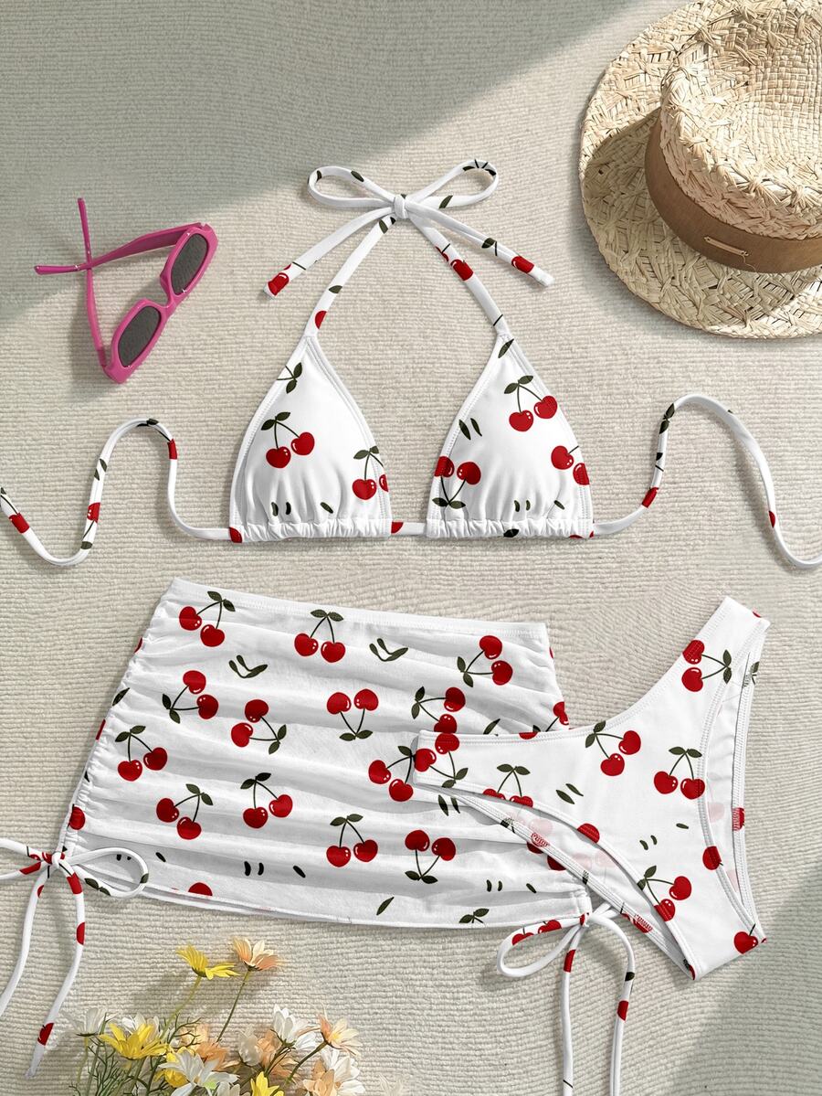 Soleia Casual Minimalist Cute Cherry Print Pattern Women's Swimwear Set, Suitable For Spring And Summer - Multicolor - View 1