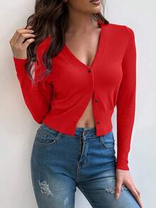 SHEIN 女式长袖单扣休闲纯色开衫 - 紅色 - 查看 5