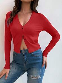 SHEIN 女式长袖单扣休闲纯色开衫 - 紅色 - 查看 4