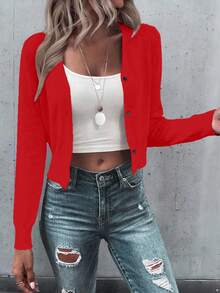 SHEIN 女式长袖单扣休闲纯色开衫 - 紅色 - 查看 3