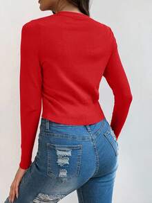 SHEIN 女式长袖单扣休闲纯色开衫 - 紅色 - 查看 2