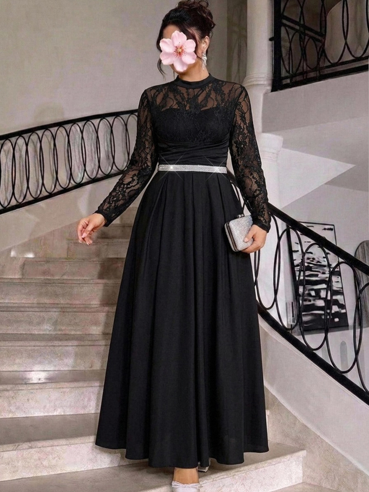 Reflora Vestido casual de fiesta con encaje, patchwork y plisado para mujer de talla grande - Negro - Añade 1