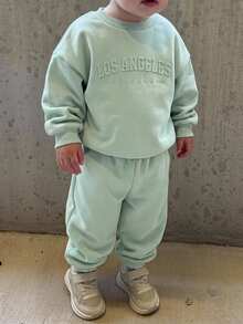 Genkimix Kids 2pcs Young Boy Casual Sports College Street Style Cute Cool Graphic Sweatshirt + Pants Set, Suitable For Daily Wear, School, Travel, Spring Autumn - Mint Green - View 7