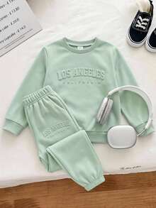 Genkimix Kids 2pcs Young Boy Casual Sports College Street Style Cute Cool Graphic Sweatshirt + Pants Set, Suitable For Daily Wear, School, Travel, Spring Autumn - Mint Green - View 3