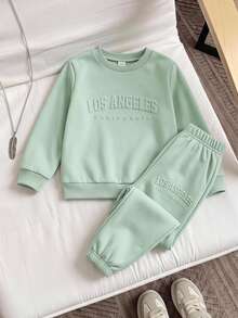 Genkimix Kids 2pcs Young Boy Casual Sports College Street Style Cute Cool Graphic Sweatshirt + Pants Set, Suitable For Daily Wear, School, Travel, Spring Autumn - Mint Green - View 6