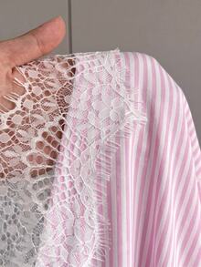SHEIN EZwear 復古經典粉色條紋印花白色針織蕾絲拼接緊身洋裝（女款），秋季上衣，適合日常通勤、聚會、秋冬/夏季、聖誕節、新年、感恩節、派對、婚禮、海灘、畢業典禮、優雅、外出、約會、通勤、情人節、優雅、度假、Y2K - 彩色 - 查看 6