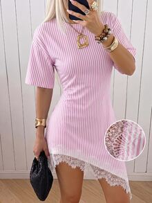 SHEIN EZwear 復古經典粉色條紋印花白色針織蕾絲拼接緊身洋裝（女款），秋季上衣，適合日常通勤、聚會、秋冬/夏季、聖誕節、新年、感恩節、派對、婚禮、海灘、畢業典禮、優雅、外出、約會、通勤、情人節、優雅、度假、Y2K - 彩色 - 查看 3