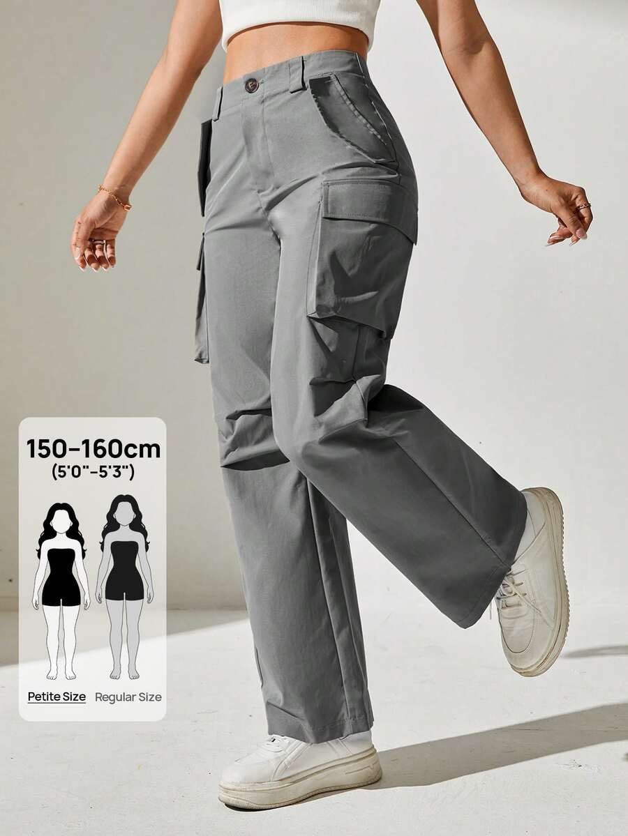SHEIN PETITE 純色翻蓋口袋工裝休閒長褲,小碼女款 - 灰色 - 查看 1