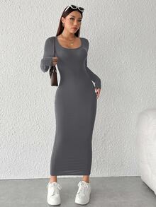 SHEIN PETITE Vestido de manga larga con cuello redondo de unicolor y ajuste ceñido para mujer, primavera verano, para mujeres de talla pequeña - Gris - Ver 6