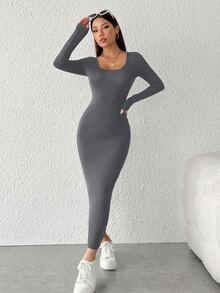 SHEIN PETITE Vestido de manga larga con cuello redondo de unicolor y ajuste ceñido para mujer, primavera verano, para mujeres de talla pequeña - Gris - Ver 3