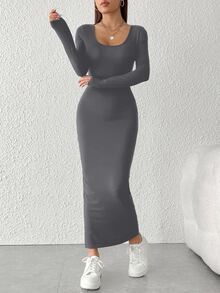SHEIN PETITE Vestido de manga larga con cuello redondo de unicolor y ajuste ceñido para mujer, primavera verano, para mujeres de talla pequeña - Gris - Ver 4