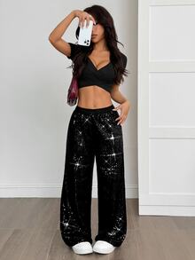 SHEIN PETITE PETITE 亮片彈性腰休閒性感寬鬆抽繩長褲，秋季，小個女款 Ibiza 夜店風黑色 - 黑色 - 查看 7