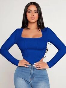 SHEIN PETITE Camiseta de cuello cuadrado con dobladillo asimétrico, para mujeres de talla pequeña - azul real - Ver 7